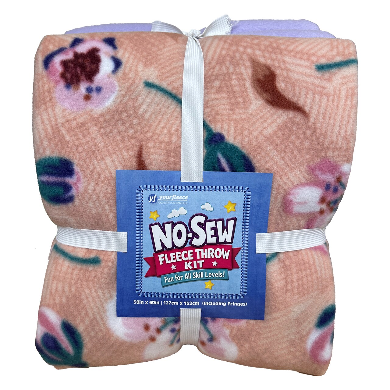 Ditsy Blooms Peach Anti-Pill Premium No Sew Throw Fleece Fabric Kit (Lavender Backing)